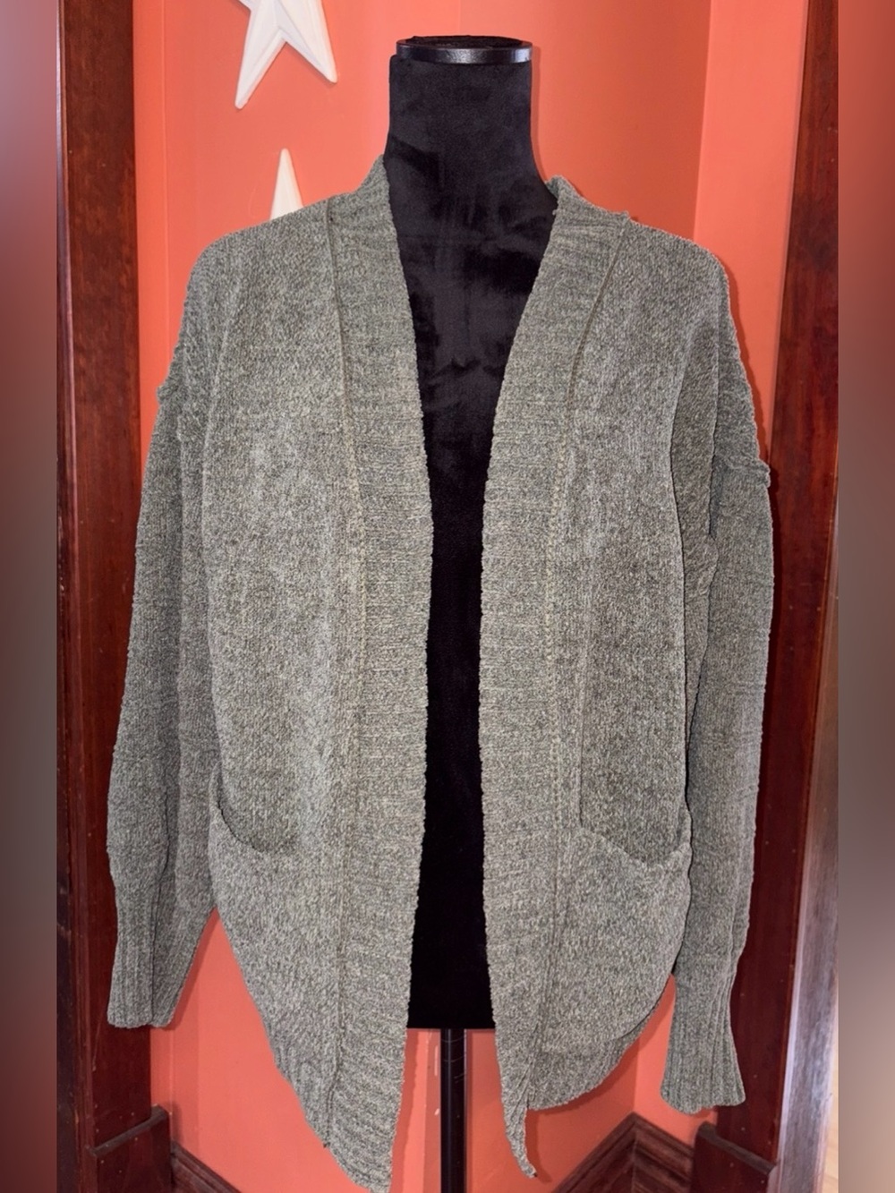 Open-Front Green Knit Cardigan Sweater